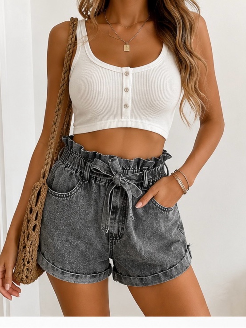Women’s Gray Acid Wash Paperbag Waist Denim Shorts Tie Belt Casual Summer